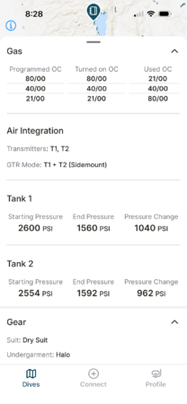 Shearwater Swift transmitters (GPS and non-GPS) gas consumption view for sidemount diving.